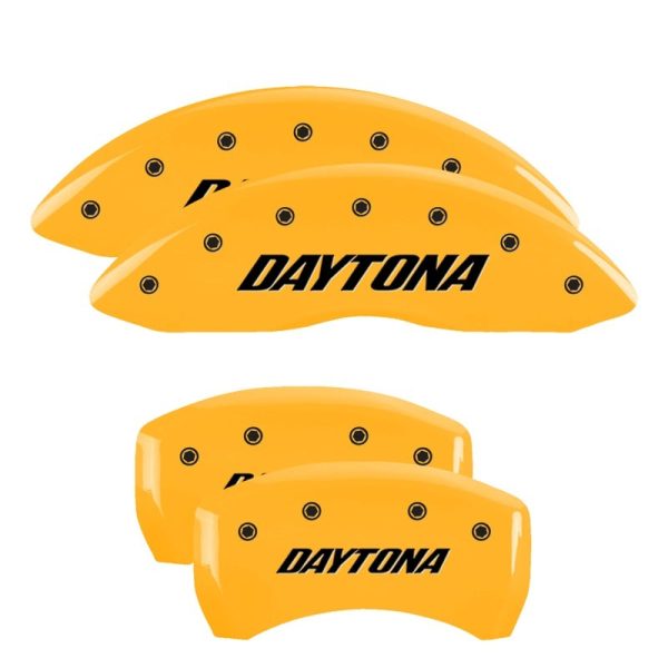 MGP 4 Caliper Covers Engraved Front & Rear Daytona Yellow finish black ch For Cheap