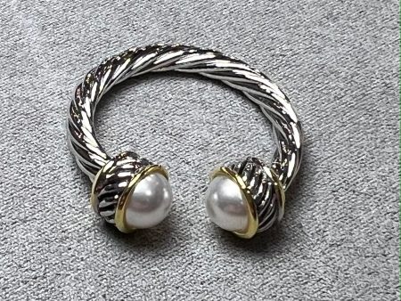 Twisted metal open ring with pearl ends on Sale